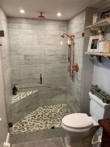 walk in shower with copper shower fixtures