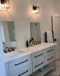 white bathroom with black hardware